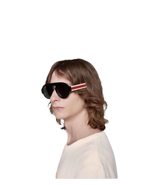 Gafas de Acetato Aviador Redondo similar a Guccio Franja en las terminales Armazón Negro Mica Amarilla