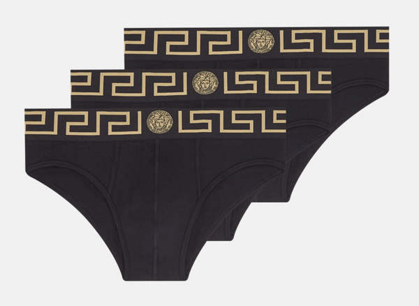 VERSACE 3 Pack Low Rise Slip Calzoncillos Briefs en Negro Greca Dorada