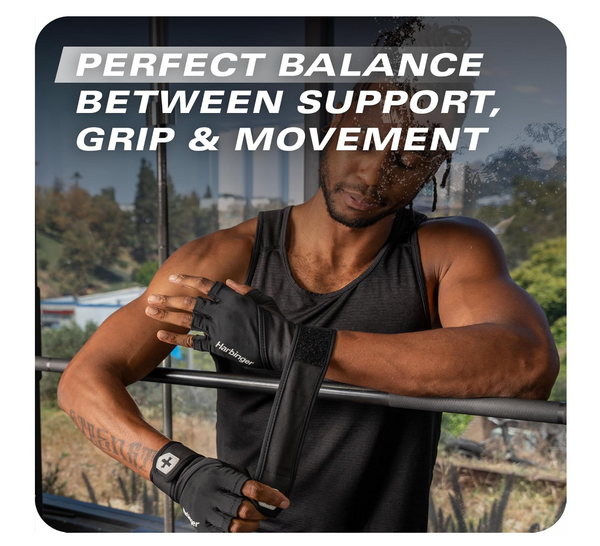 Harbinger Pro - Guantes Soporte Envolvente Muñequera  Wrist wrap - Agarre mejorado piel genuina con licra elástica transpirable en 4 direcciones Unisex