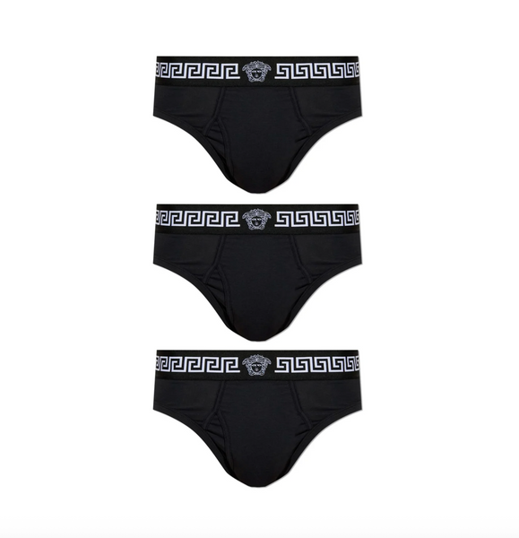 VERSACE 3 Pack Low Rise Slip Calzoncillos Briefs en Negro Greca Dorada