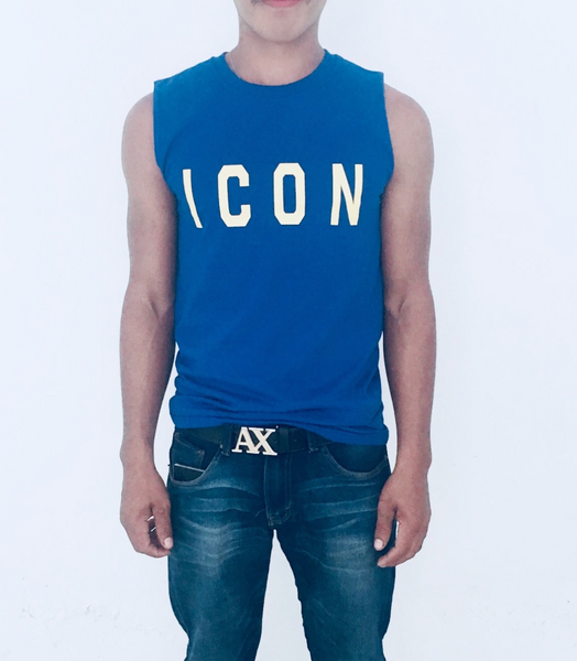 Playera sin Mangas Tank Top Azul ICON logotipo en Amarillo colección iconoclast by VOGUETI