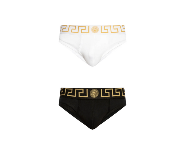 Versace 2 pack Calzoncillos Icónico Griego Negro con Banda Griega Dorada